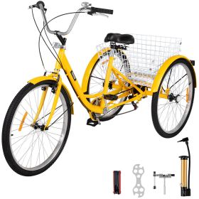 VEVOR Adult Tricycle 7 Speed Wheel Size Cruise Bike 26in Adjustable Trike with Bell, Brake System Cruiser Bicycles Large Size Basket for Shopping (Yel