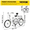 VEVOR Tricycle Adult 24'' Wheels Adult Tricycle 1-Speed 3 Wheel Bikes White For Adults Three Wheel Bike For Adults Adult Trike Adult Folding Tricycle